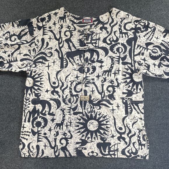 VTG SKSport XIU XIAN Abstract Tribal Print Shirt Frog Button Closure L - Picture 1 of 8